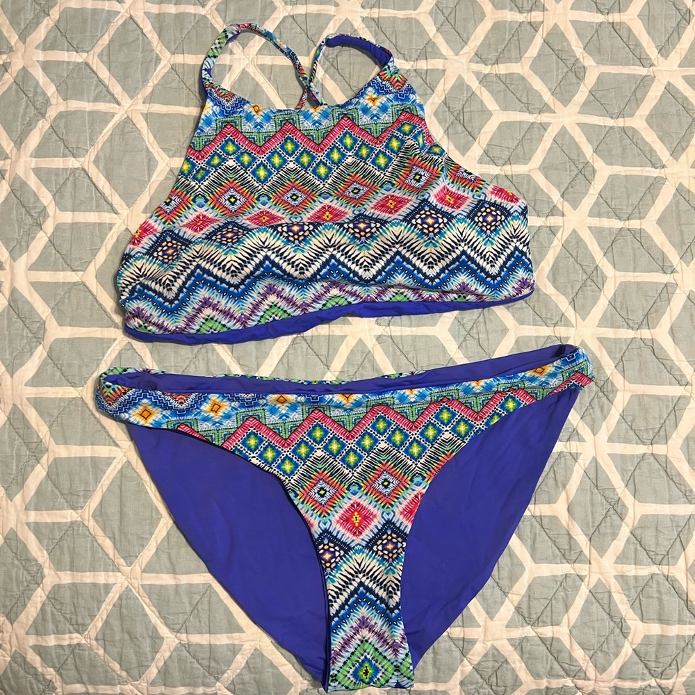 Two piece halter swim suit reversible